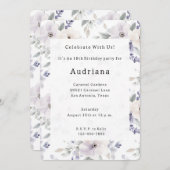 パープルかわいらしアイボリーラベンダーフラワーズ誕生日 招待状 (正面/裏面)