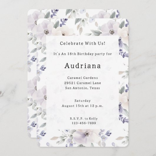パープルかわいらしアイボリーラベンダーフラワーズ誕生日 招待状 (正面/裏面)