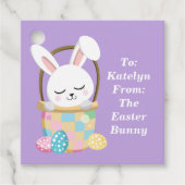 パープルかわいらしイースターバニーのカスタマイズ可能な子供のパーティー フェイバータグ (正面)