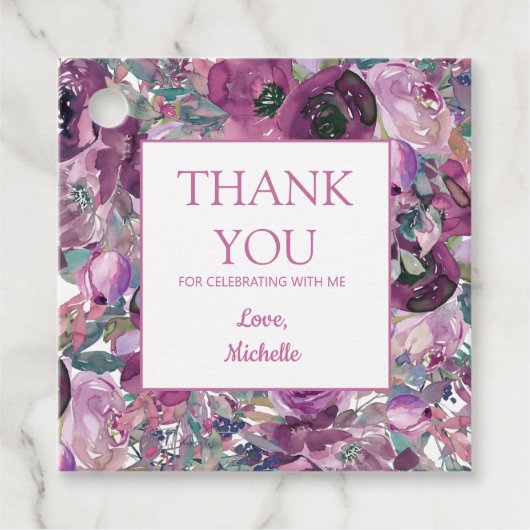 パープルかわいらしウォーター色フローラ誕生日ありがとう フェイバータグ (正面)