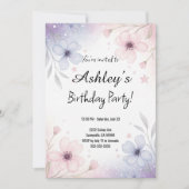 パープルかわいらしガールズ・フラワーバースデーパーティー 招待状 (正面)