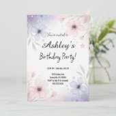 パープルかわいらしガールズ・フラワーバースデーパーティー 招待状 (スタンド正面)