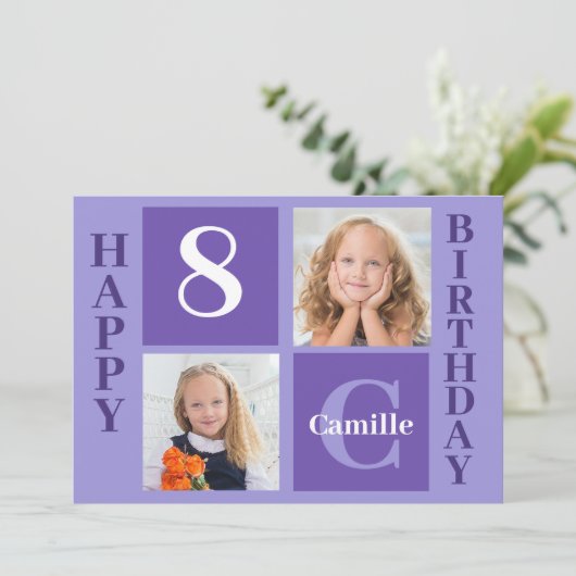 パープルかわいらしガールパーソナライズされたズ写真誕生日 カード (スタンド正面)