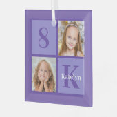 パープルかわいらしキッズフォトコラージュカスタムクリスマス ガラスオーナメント (正面左)