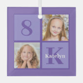 パープルかわいらしキッズフォトコラージュカスタムクリスマス ガラスオーナメント (正面)