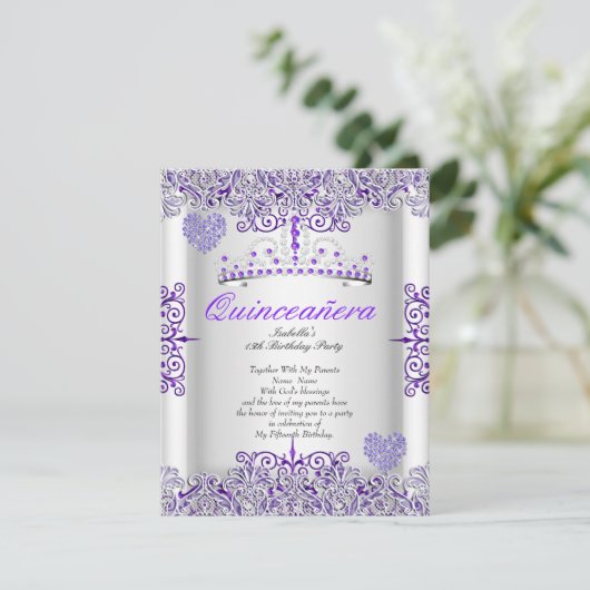 パープルかわいらしキンセアニェラパーティーティアラハート 招待状 (スタンド正面)