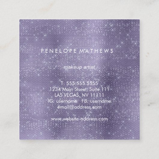パープルかわいらしスパークル美しいスタイリスト スクエア名刺 (裏面)