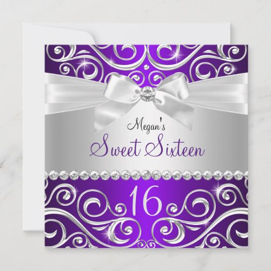 パープルかわいらしダイヤモンドボウスパークルスワールスウィート16 招待状 (正面)