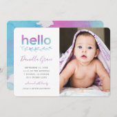 パープルかわいらしティール(緑がかった色)ウォーターカラーハローフォト誕生 案内状 (正面/裏面)