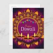 パープルかわいらしディヤマンダラカラフルハッピーディワリ シーズンポストカード (正面/裏面)