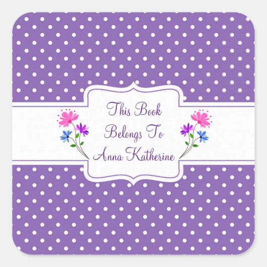 パープルかわいらしドッツカントリーシック蔵書票/シール スクエアシール (正面)