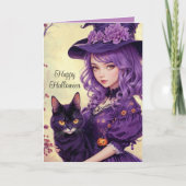 パープルかわいらしハロウィーンウィッチ&ブラックキャットヴィンテージ シーズンカード (正面)