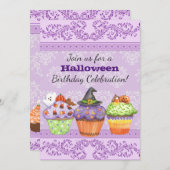 パープルかわいらしハロウィーンカップケーキ誕生日招待状 招待状 (正面/裏面)