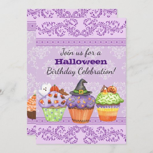 パープルかわいらしハロウィーンカップケーキ誕生日招待状 招待状 (正面/裏面)