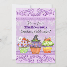 パープルかわいらしハロウィーンカップケーキ誕生日招待状 招待状