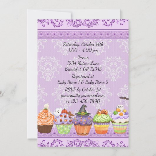 パープルかわいらしハロウィーンカップケーキ赤ちゃんシャワー 招待状 (裏面)