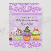 パープルかわいらしハロウィーンカップケーキ赤ちゃんシャワー 招待状 (正面/裏面)