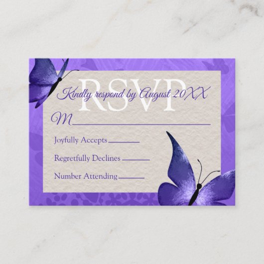 パープルかわいらしバタフライクインセエーネラRSVPカード アドバイスカード (正面)