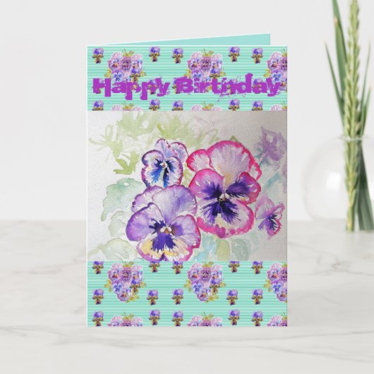 パープルかわいらしパンジーヴィオラウォーターカラーアートカード カード (正面)