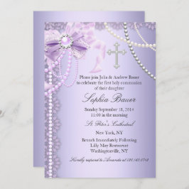 パープルかわいらしパールボウクロスファースト聖餐式 招待状
