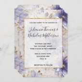 パープルかわいらしパール金ゴールドフローラ結婚ズ 招待状 (正面/裏面)