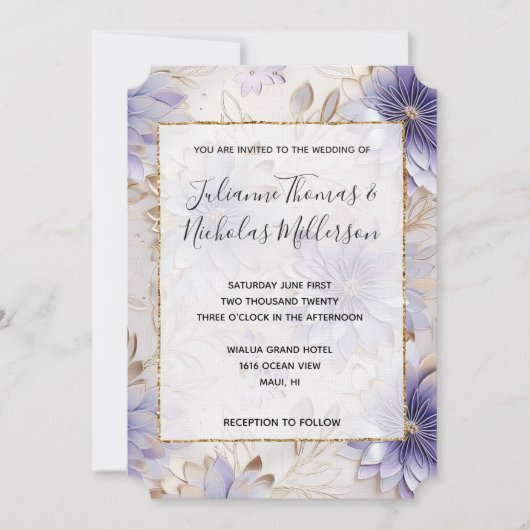 パープルかわいらしパール金ゴールドフローラ結婚ズ 招待状 (正面)