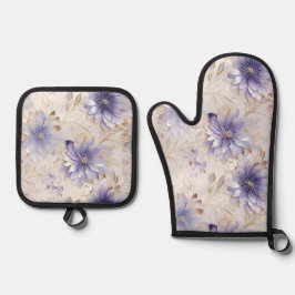 パープルかわいらしパール金ゴールドフローラ結婚ズ 鍋つかみ&鍋敷きセット