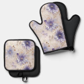 パープルかわいらしパール金ゴールドフローラ結婚ズ 鍋つかみ&鍋敷きセット (正面/裏面)