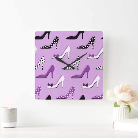パープルかわいらしヒールと水玉模様 スクエア壁時計 (ホーム)