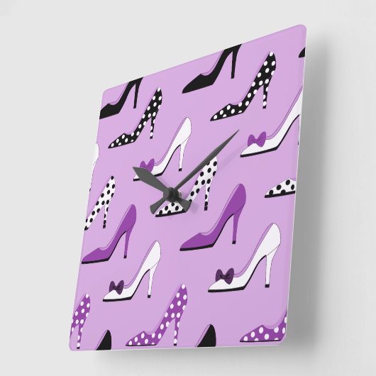 パープルかわいらしヒールと水玉模様 スクエア壁時計 (傾斜)