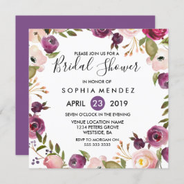 パープルかわいらしピンクボタニカルブライダルシャワー招待状 招待状