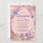 パープルかわいらしピンクローズ金ゴールドフローラキンセアニラ 招待状 (正面)