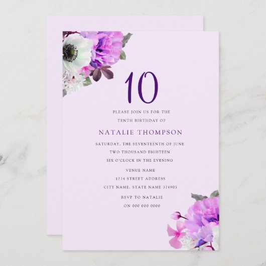 パープルかわいらしフラワーガール10th誕生日招待状 招待状 (正面/裏面)