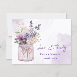 パープルかわいらしフラワーズメイスン結婚ジャーの感謝 ポストカード