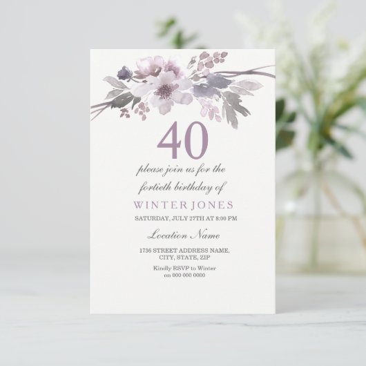 パープルかわいらしフラワー40th誕生日パーティー招待状 招待状 (スタンド正面)