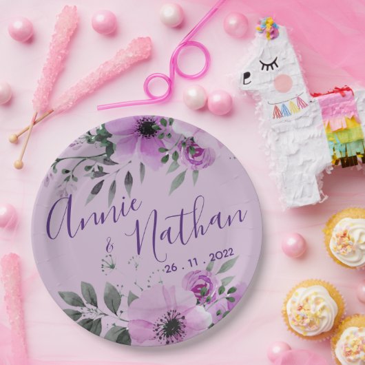 パープルかわいらしフローラかわいいロマンチックな結婚披露宴 ペーパープレート (パーティー)