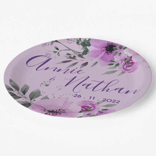 パープルかわいらしフローラかわいいロマンチックな結婚披露宴 ペーパープレート (アングル)