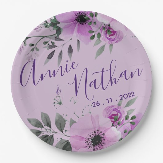 パープルかわいらしフローラかわいいロマンチックな結婚披露宴 ペーパープレート (正面)