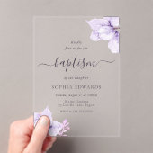 パープルかわいらしフローラガールズバプテスマ アクリル招待状 (インサイチュ (ポータブル))