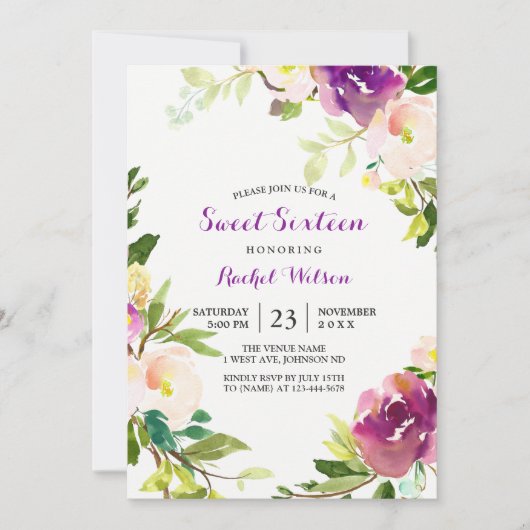 パープルかわいらしフローラスウィート16招待状 招待状 (正面)