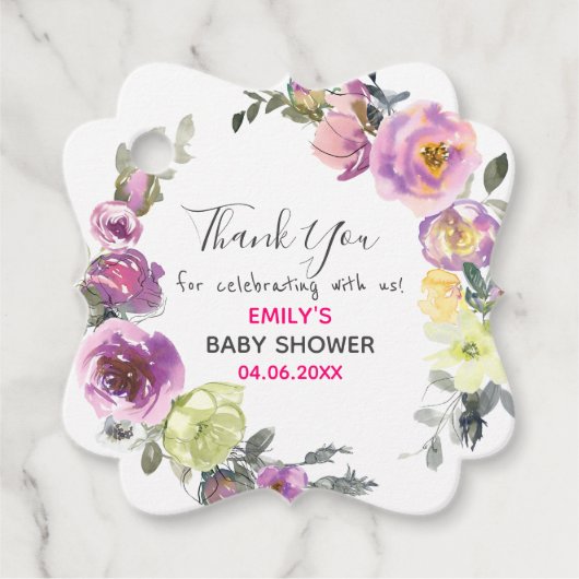 パープルかわいらしフローラリースサンキューベイビーシャワー フェイバータグ (正面)