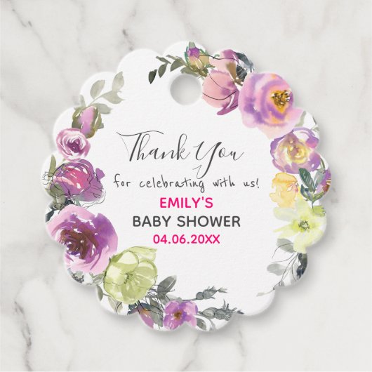 パープルかわいらしフローラリースサンキューベイビーシャワー フェイバータグ (正面)