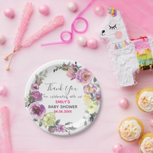 パープルかわいらしフローラリースサンキューベイビーシャワー ペーパープレート (パーティー)