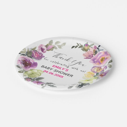 パープルかわいらしフローラリースサンキューベイビーシャワー ペーパープレート (アングル)