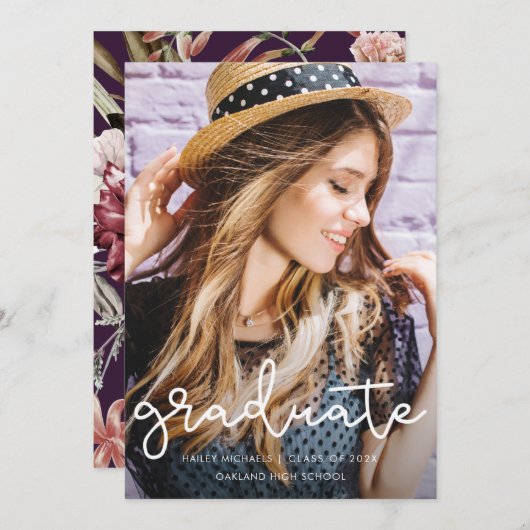 パープルかわいらしフローラ卒業写真のお知らせ 案内状 (正面/裏面)
