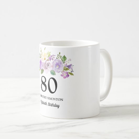 パープルかわいらしフローラ女性80番目の誕生日ギフト コーヒーマグカップ (正面右)