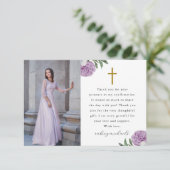 パープルかわいらしフローラ確認写真ありがとう サンキューカード (スタンド正面)