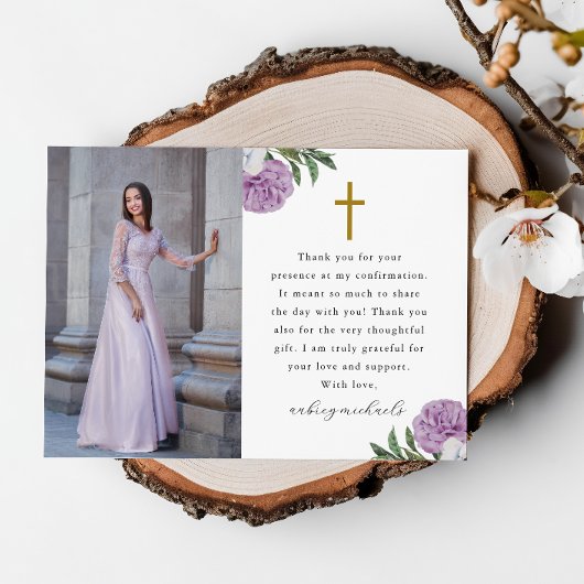 パープルかわいらしフローラ確認写真ありがとう サンキューカード