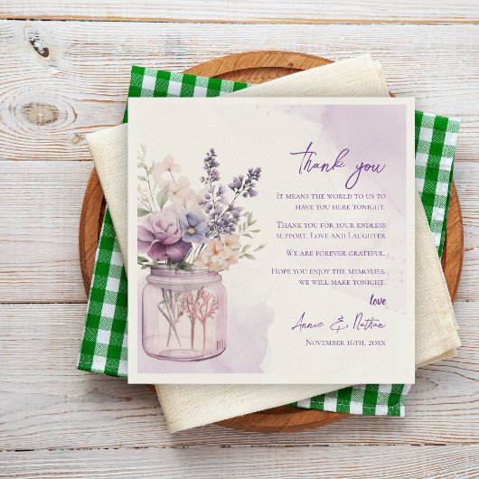 パープルかわいらしフローラ結婚の感謝メッセージ スタンダードカクテルナプキン