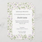 パープルかわいらしフローラ誕生日 招待状 (正面/裏面)